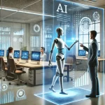 A futuristic office environment where AI automation is streamlining business processes. A robotic assistant interacts with a human employee