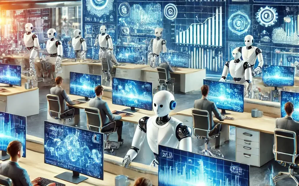 A robotic process automation (RPA) system managing business tasks in a corporate environment. The image showcases AI-driven bots handling data entry, (1)
