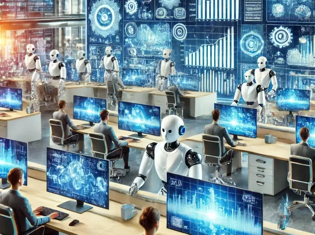 A robotic process automation (RPA) system managing business tasks in a corporate environment. The image showcases AI-driven bots handling data entry, (1)